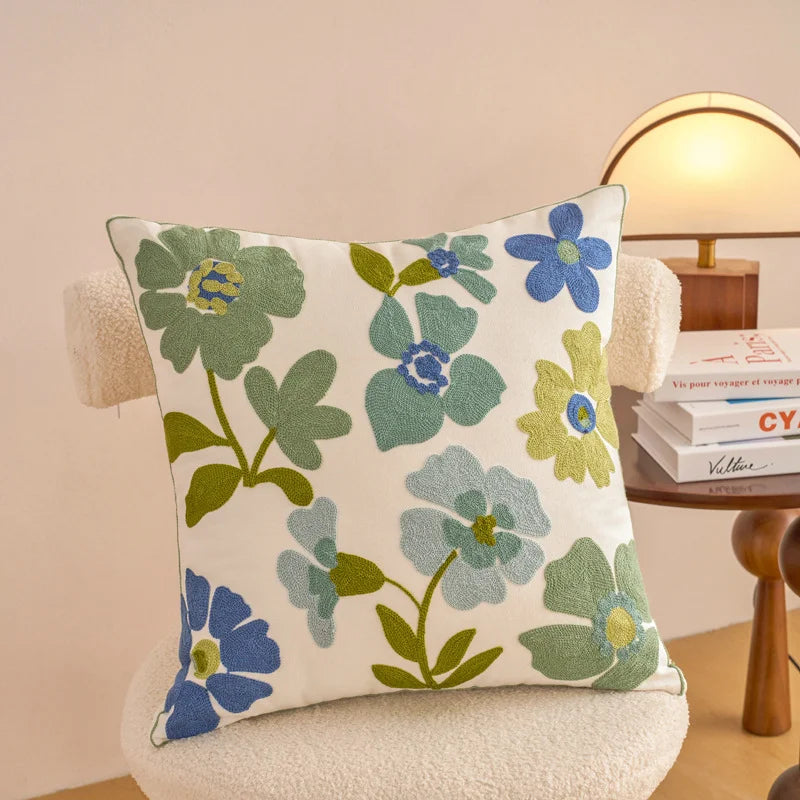 Embroidered Floral Pillow Cover – Nordic Style Cotton Mesh Cushion Cover