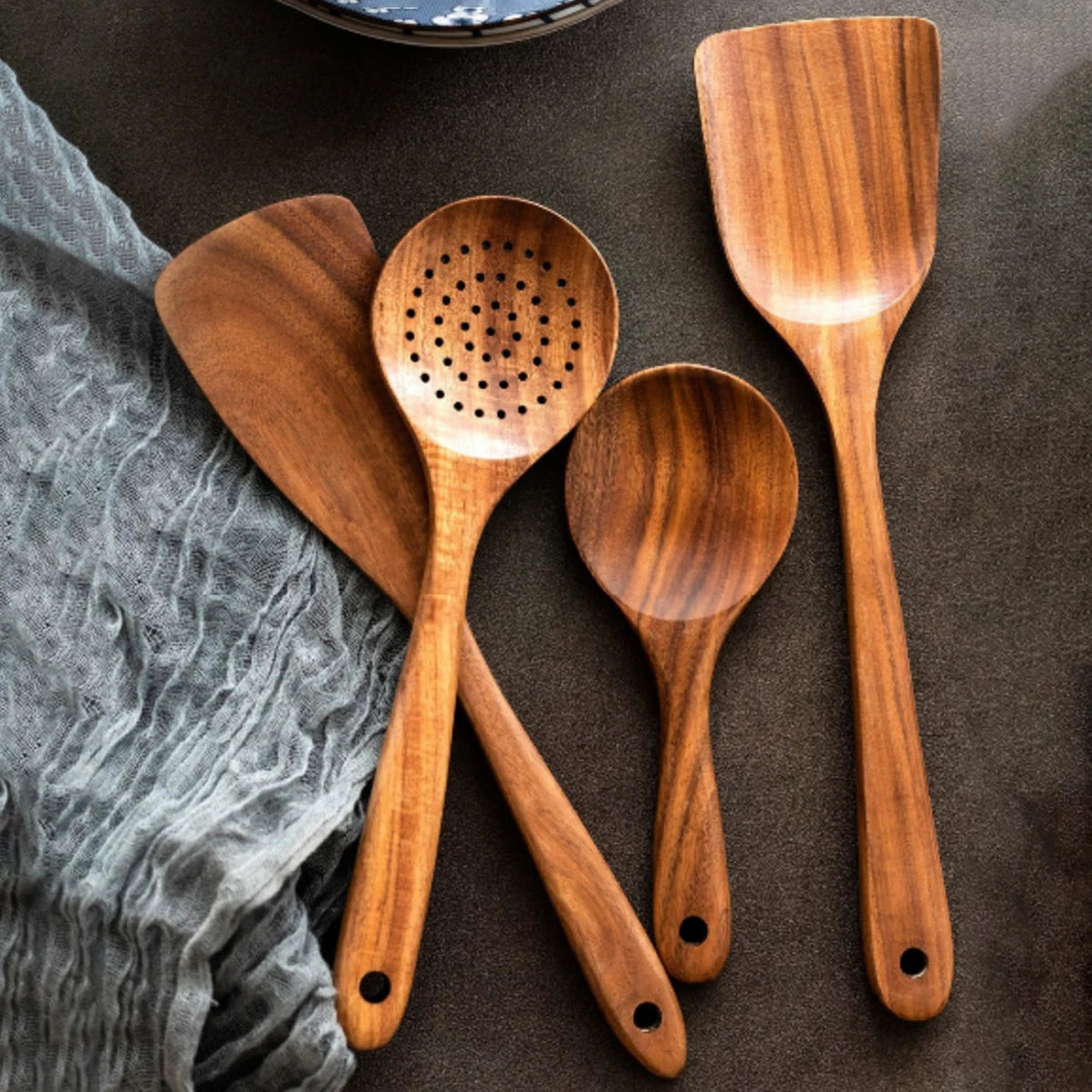Wooden Kitchen Cooking Utensil Set – Spatula, Spoon, Fork & Storage Bucket