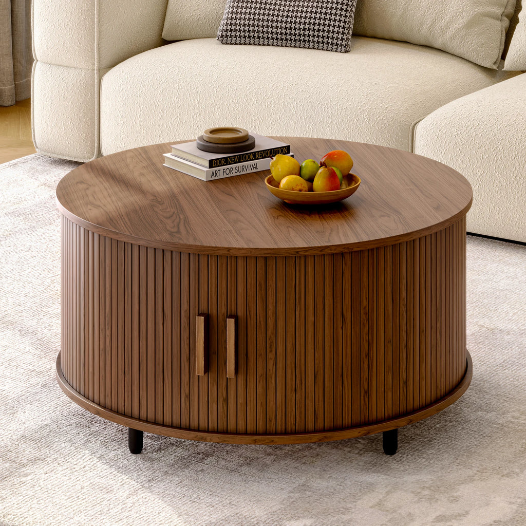 Round Coffee Table with Storage – 31.5" Fluted Wood, 360° Sliding Door