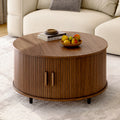 Round Coffee Table with Storage – 31.5" Fluted Wood, 360° Sliding Door