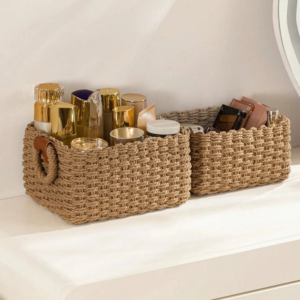 Woven Paper Rope Storage Baskets with Handles – Set of 3 Small Organizer Baskets