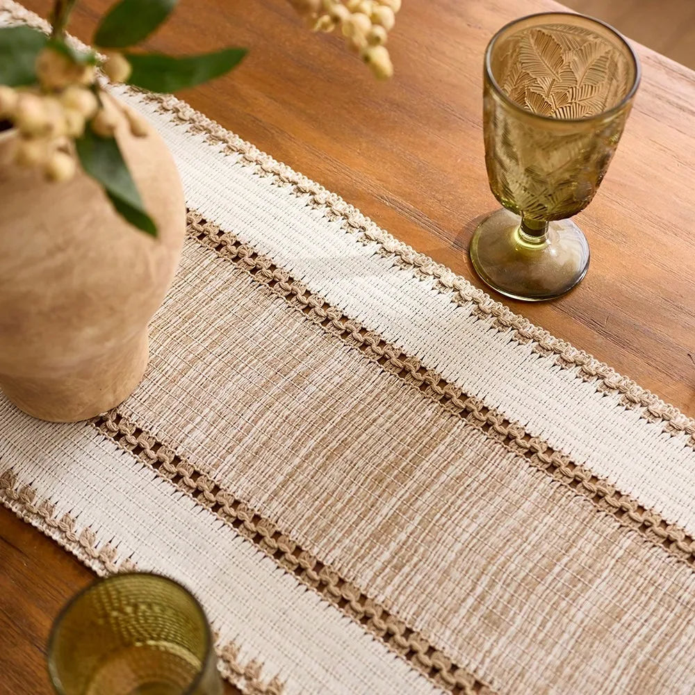 Nordic Boho Striped Table Runner – Hand-Woven with Tassels for Spring & Rustic Decor