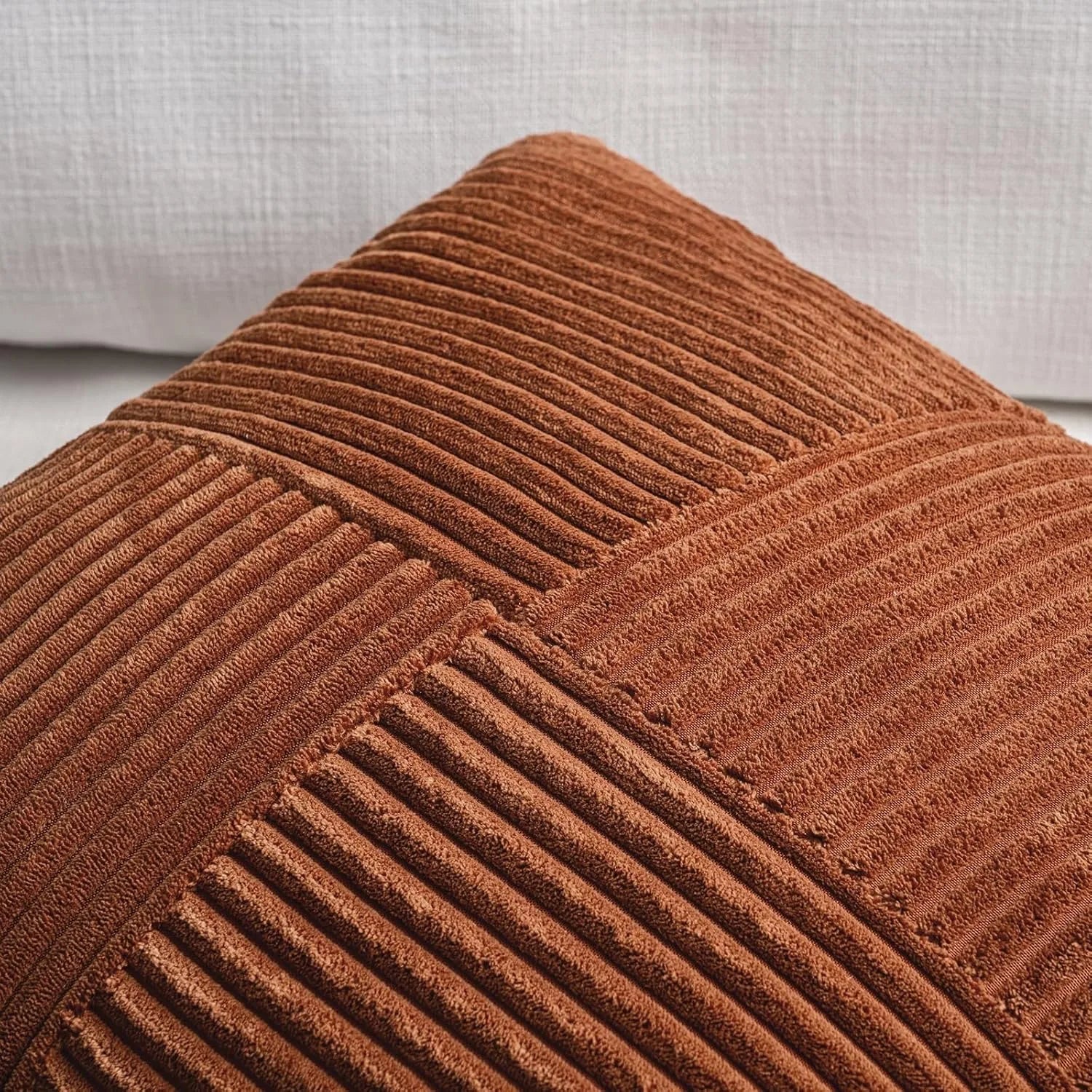 Rust Boho Corduroy Throw Pillow Cover – Farmhouse Patchwork Cushion Cover 18x18"
