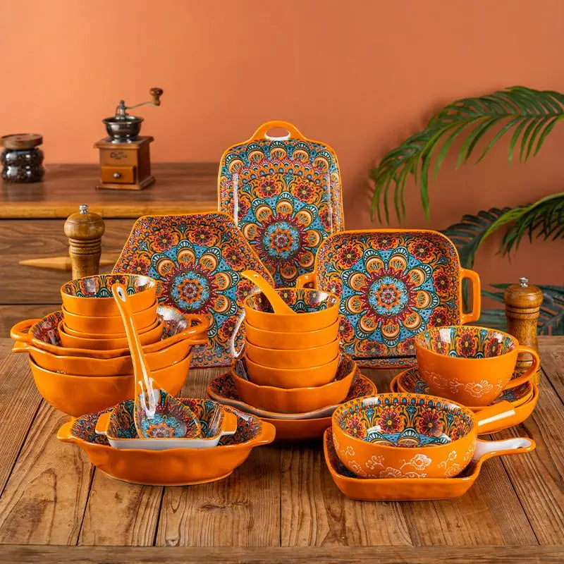 Bohemian Ceramic Rice Bowl with Handle – Soup, Noodle & Sauce Serving Bowl