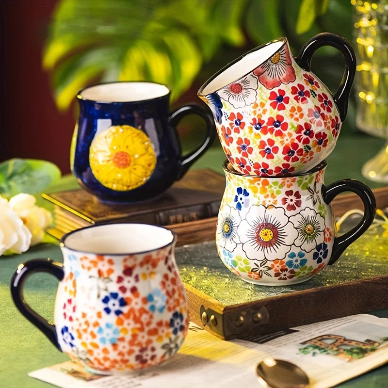 Hand-Painted Floral Ceramic Mug – Wide-Mouth Polish Pottery Style Coffee & Tea Mug