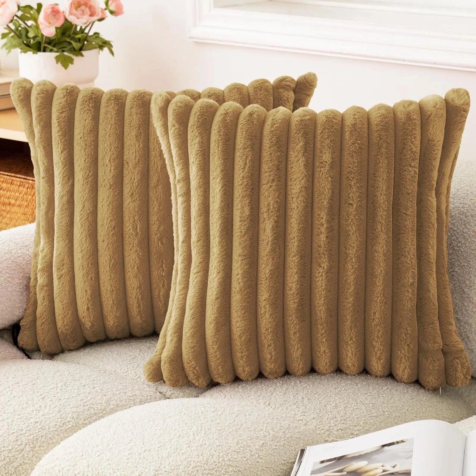 Faux Rabbit Fur Square Cushion Cover – Super Soft Striped Pillow Cover for Sofa