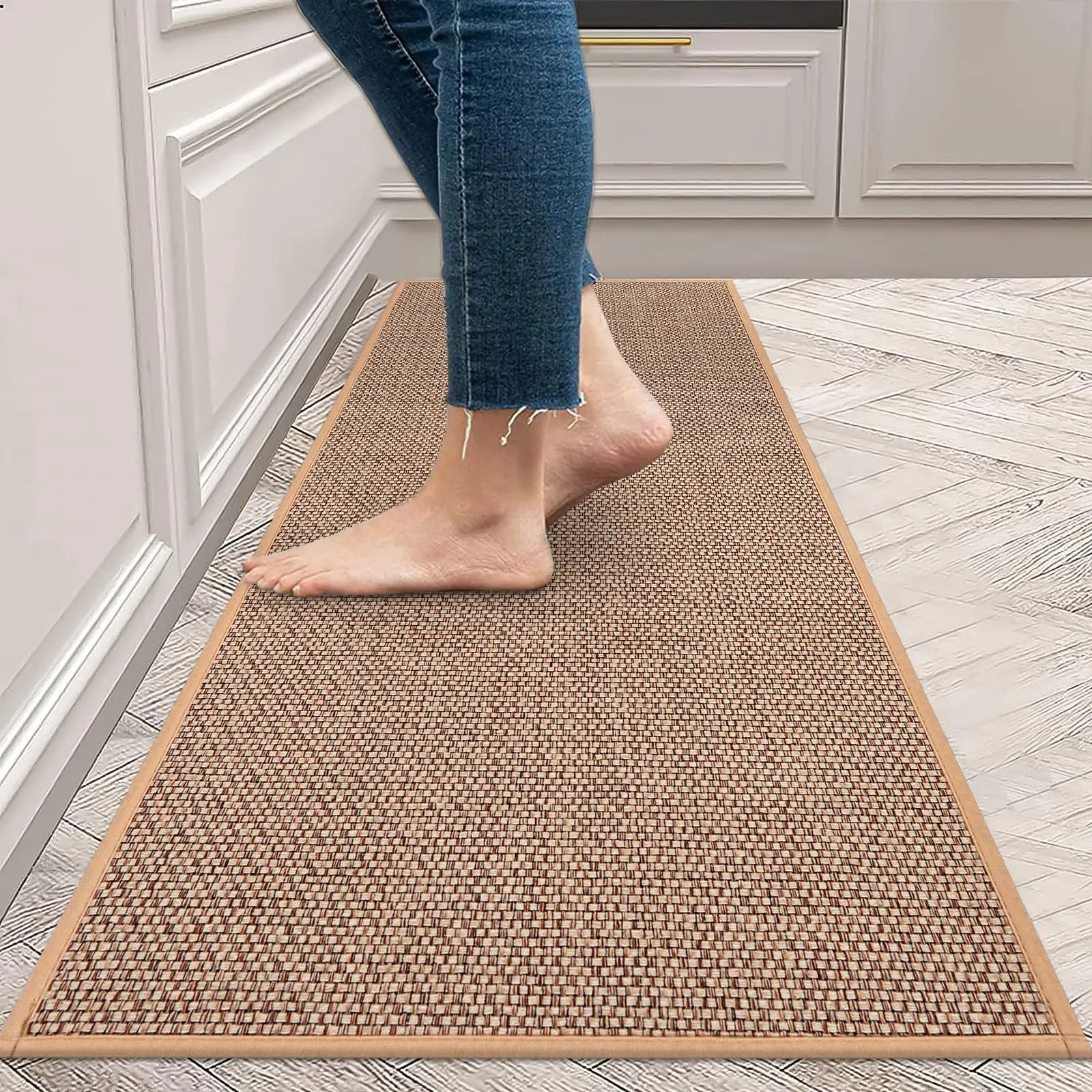 Anti-Slip Kitchen Floor Mat – Linen Weave, Rubber Bottom, Machine Washable