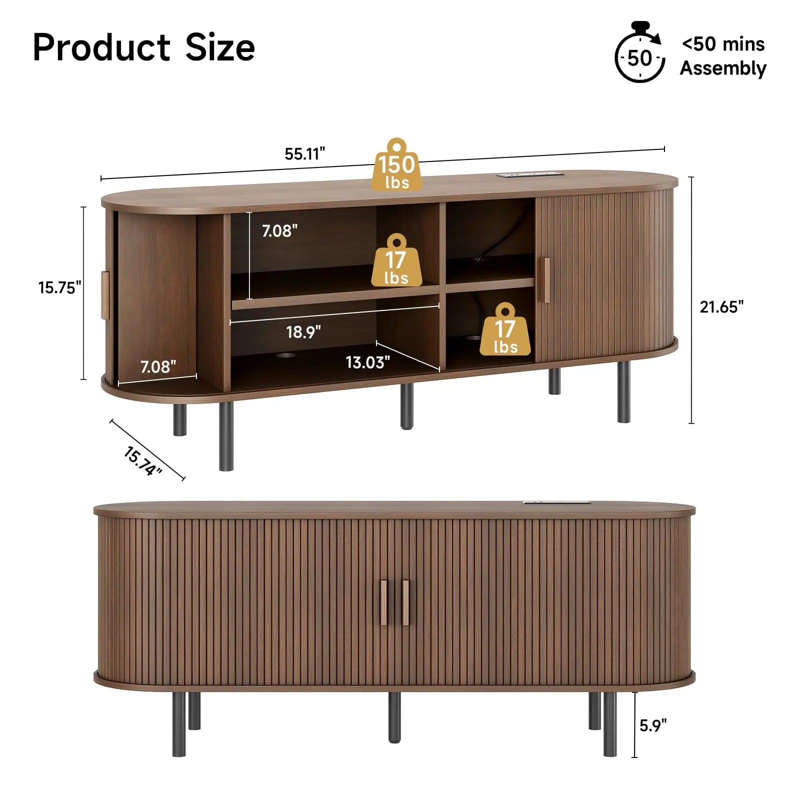 Modern TV Stand with Power Outlet – Sliding Doors, Storage & Adjustable Shelves for 60"/70" TVs