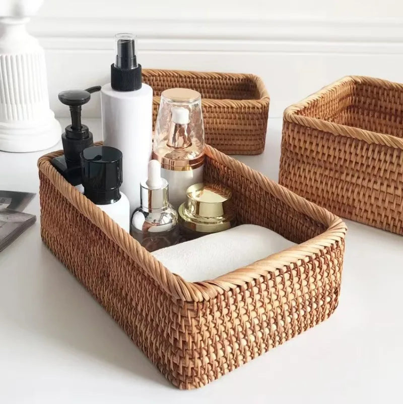 Handmade Rattan Nesting Baskets – Set of 3 Rectangular Wicker Storage Baskets