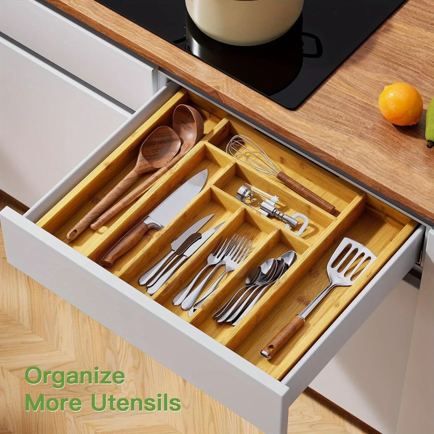 Adjustable Expandable Bamboo Drawer Organizer – Cutlery, Silverware & Knife Tray