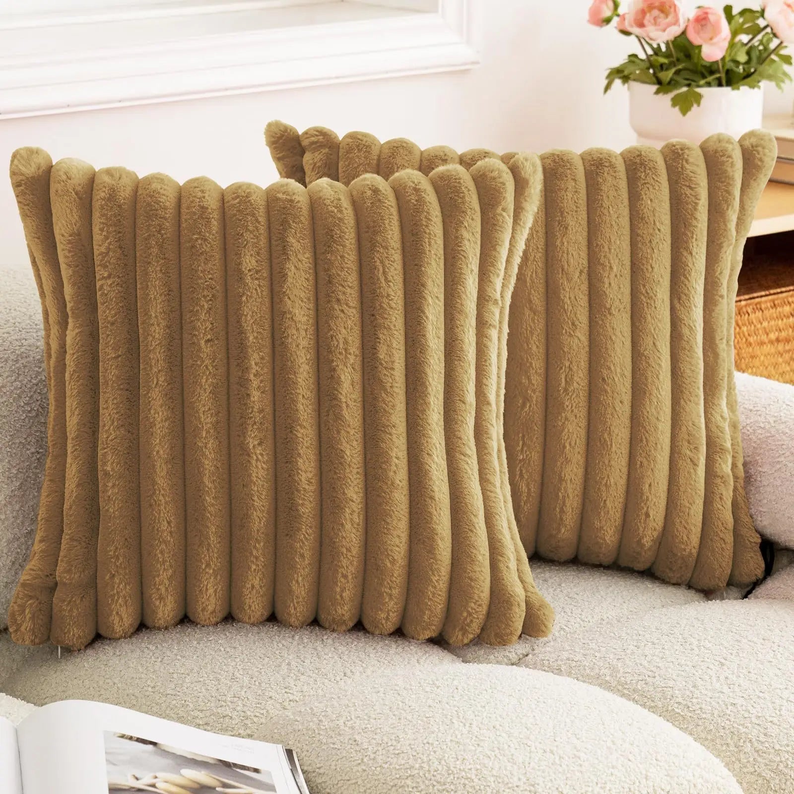 Faux Rabbit Fur Square Cushion Cover – Super Soft Striped Pillow Cover for Sofa