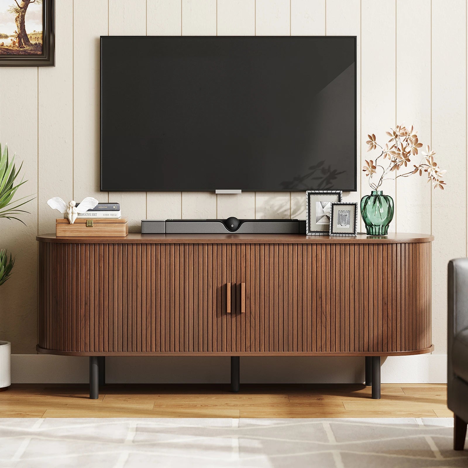 Modern TV Stand with Power Outlet – Sliding Doors, Storage & Adjustable Shelves for 60"/70" TVs
