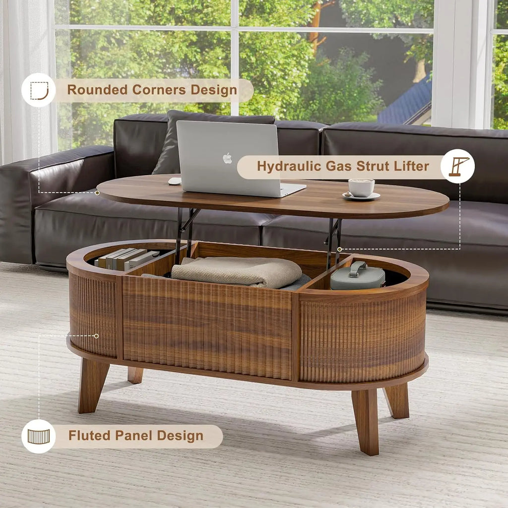 Fluted Lift Top Coffee Table with Storage – Modern Oval, Walnut