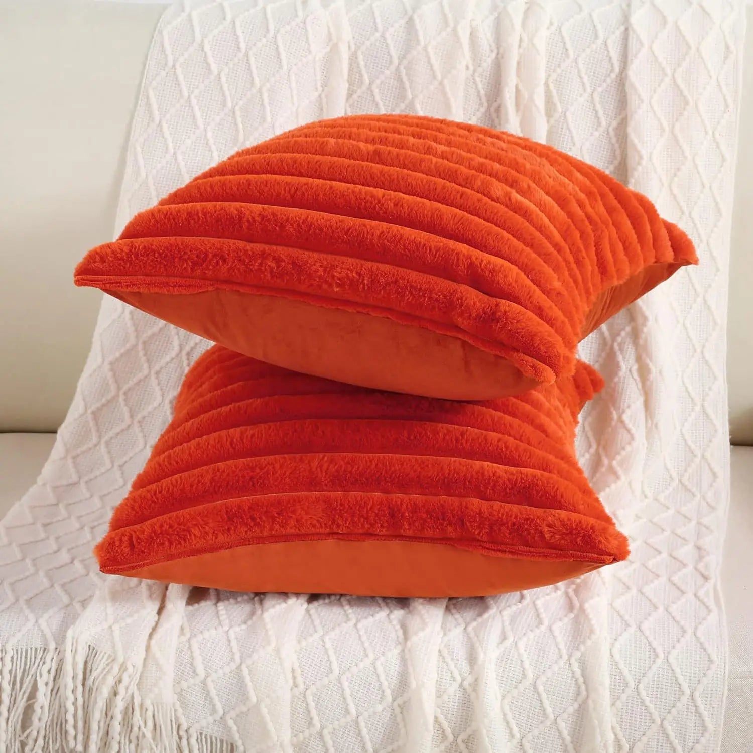 Faux Rabbit Fur Square Cushion Cover – Super Soft Striped Pillow Cover for Sofa