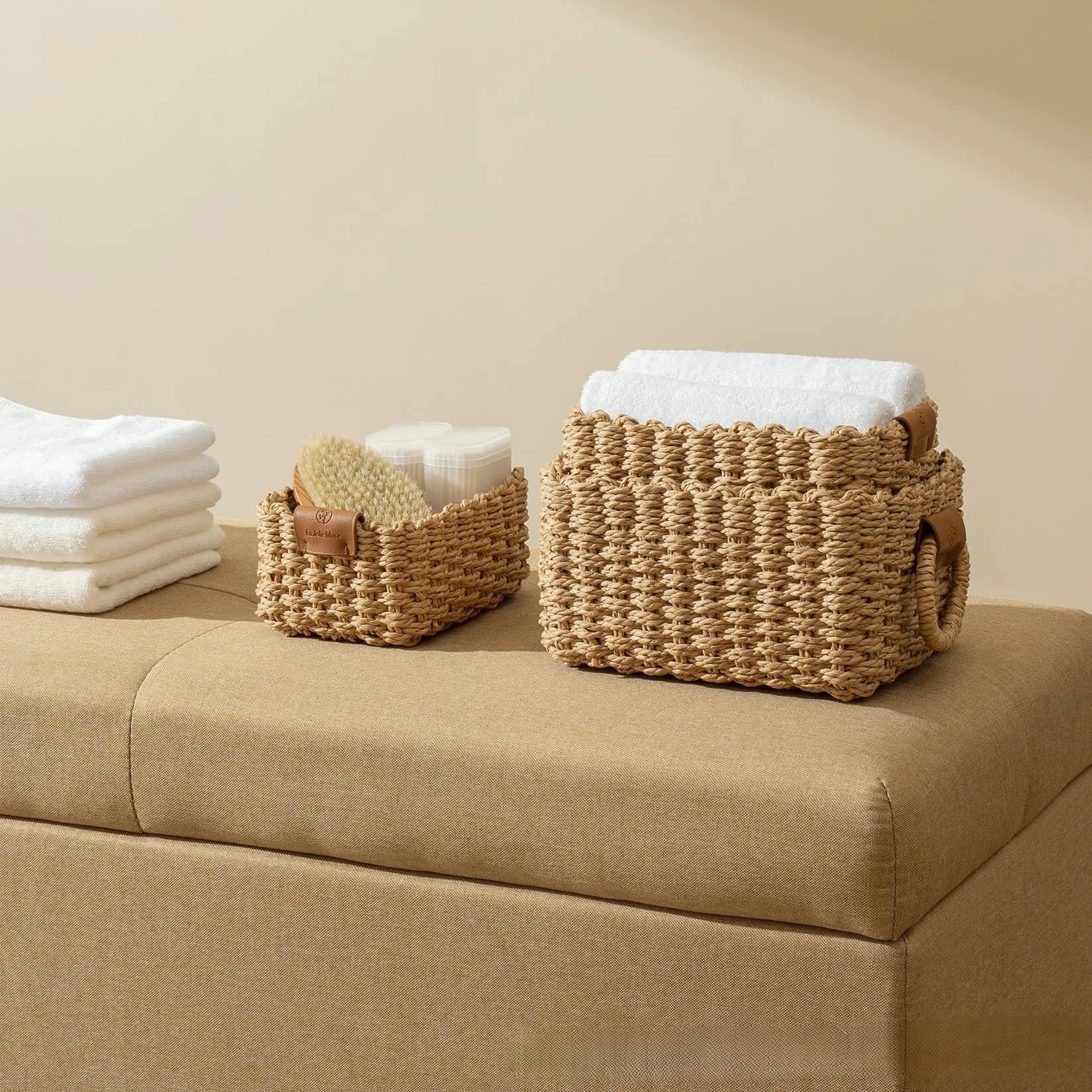 Woven Paper Rope Storage Baskets with Handles – Set of 3 Small Organizer Baskets