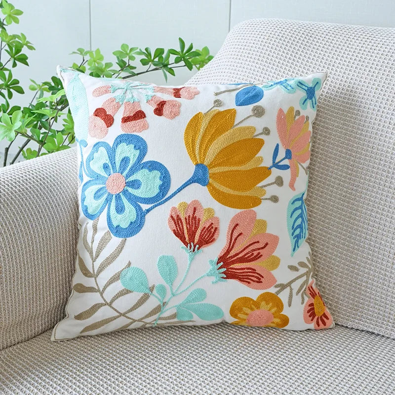 Embroidered Floral Pillow Cover – Nordic Style Cotton Mesh Cushion Cover