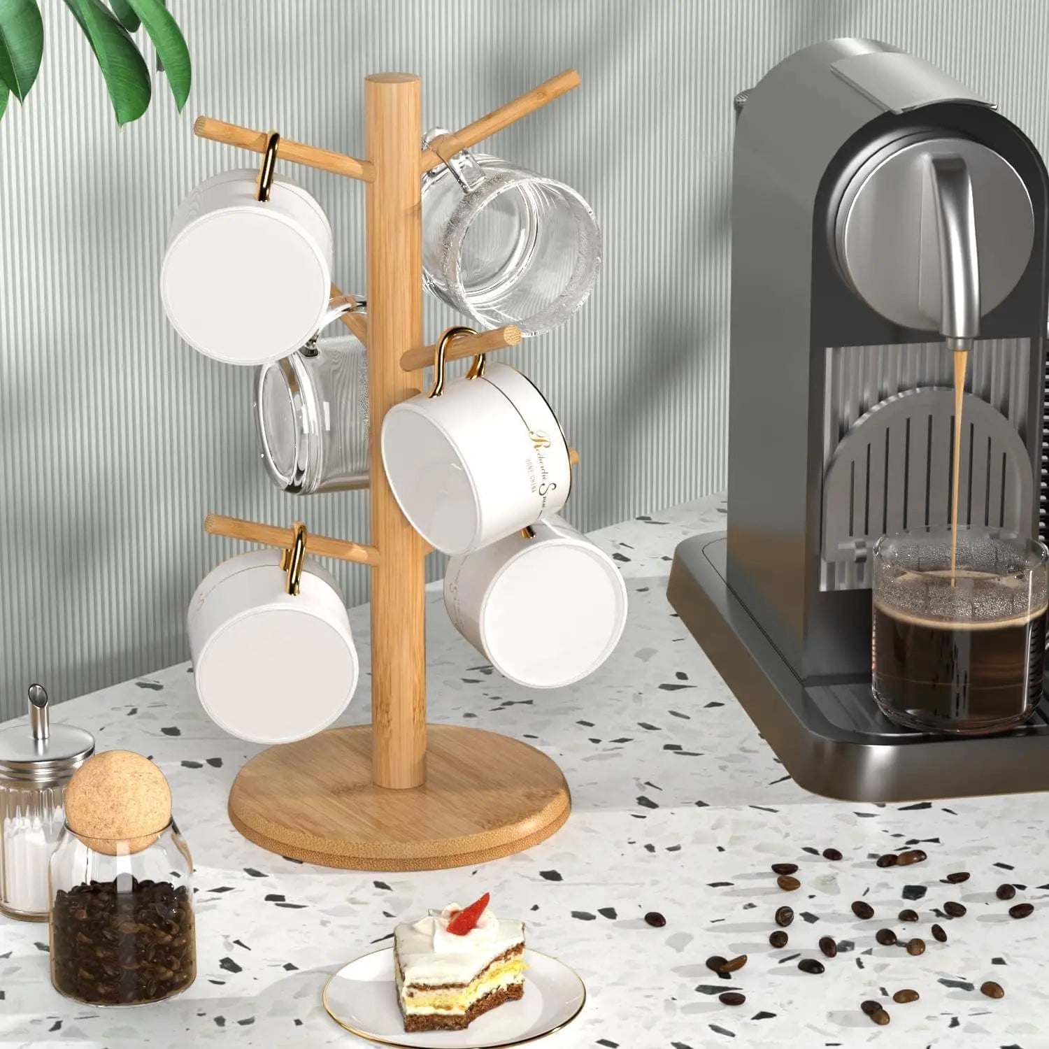 Bamboo Mug Tree with 6 Hooks – Coffee Cup Holder & Counter Organizer