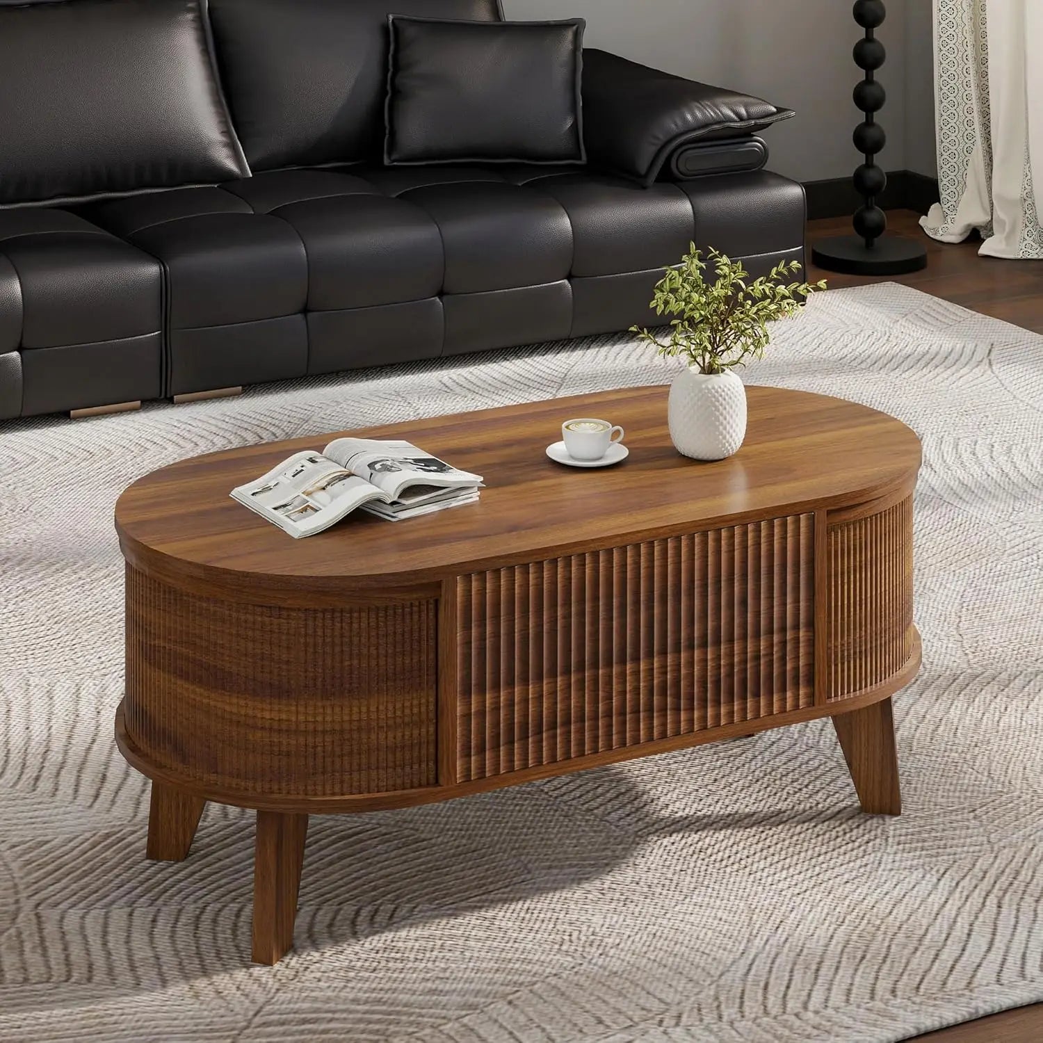Fluted Lift Top Coffee Table with Storage – Modern Oval, Walnut