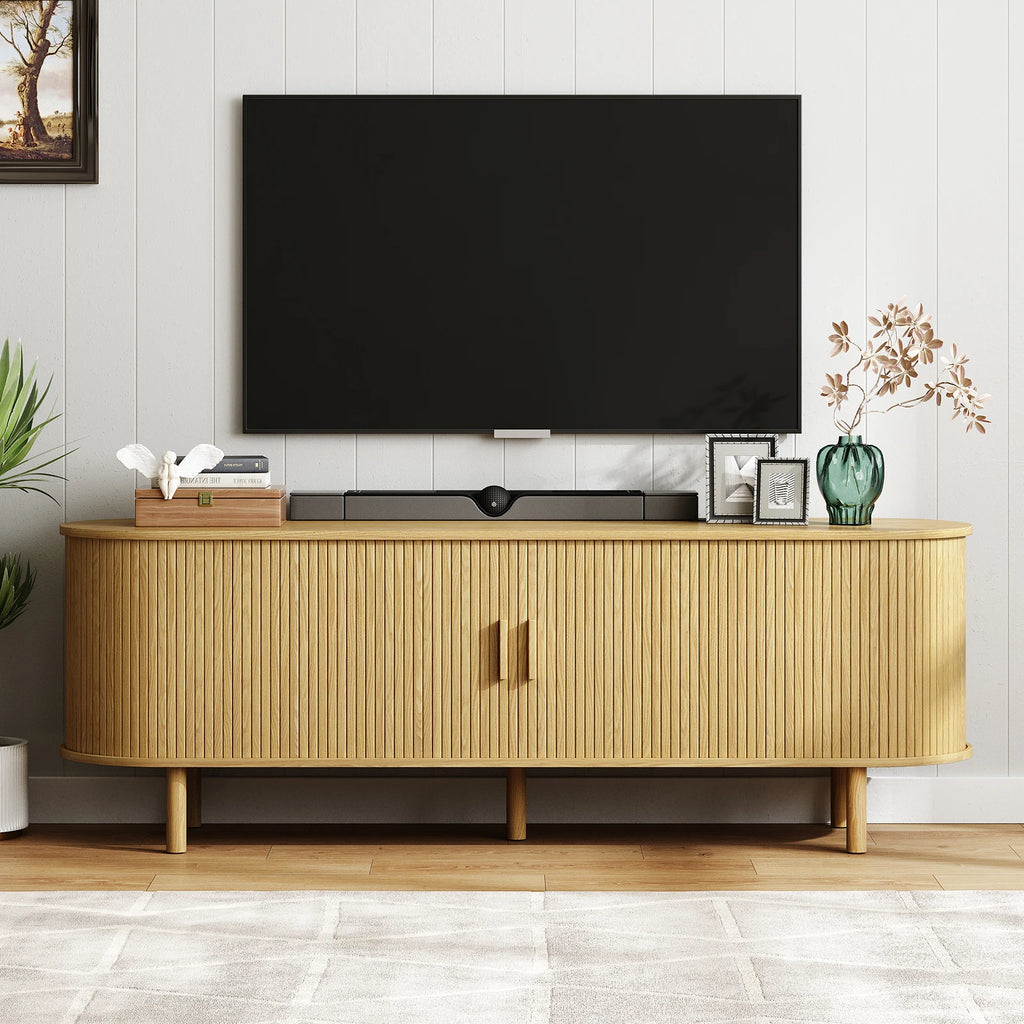 Modern TV Stand with Power Outlet – Sliding Doors, Storage & Adjustable Shelves for 60"/70" TVs