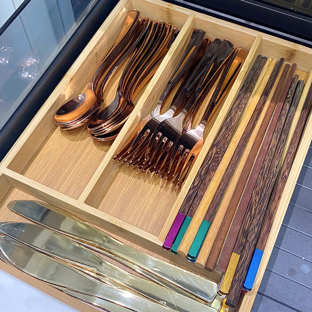 Bamboo Cutlery Drawer Organizer Tray – Divided Kitchen Utensil Storage