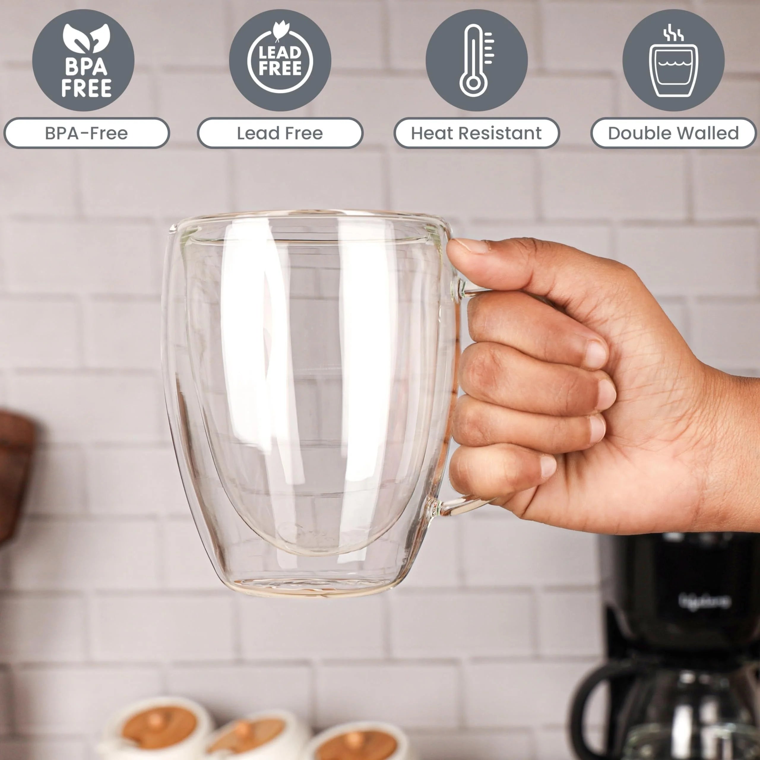 Double Wall Glass Coffee Mug with Handle – 350ml Transparent Cup for Coffee, Tea & Cappuccino