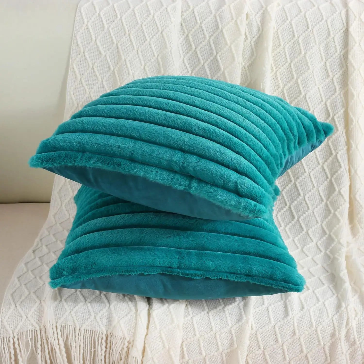 Faux Rabbit Fur Square Cushion Cover – Super Soft Striped Pillow Cover for Sofa