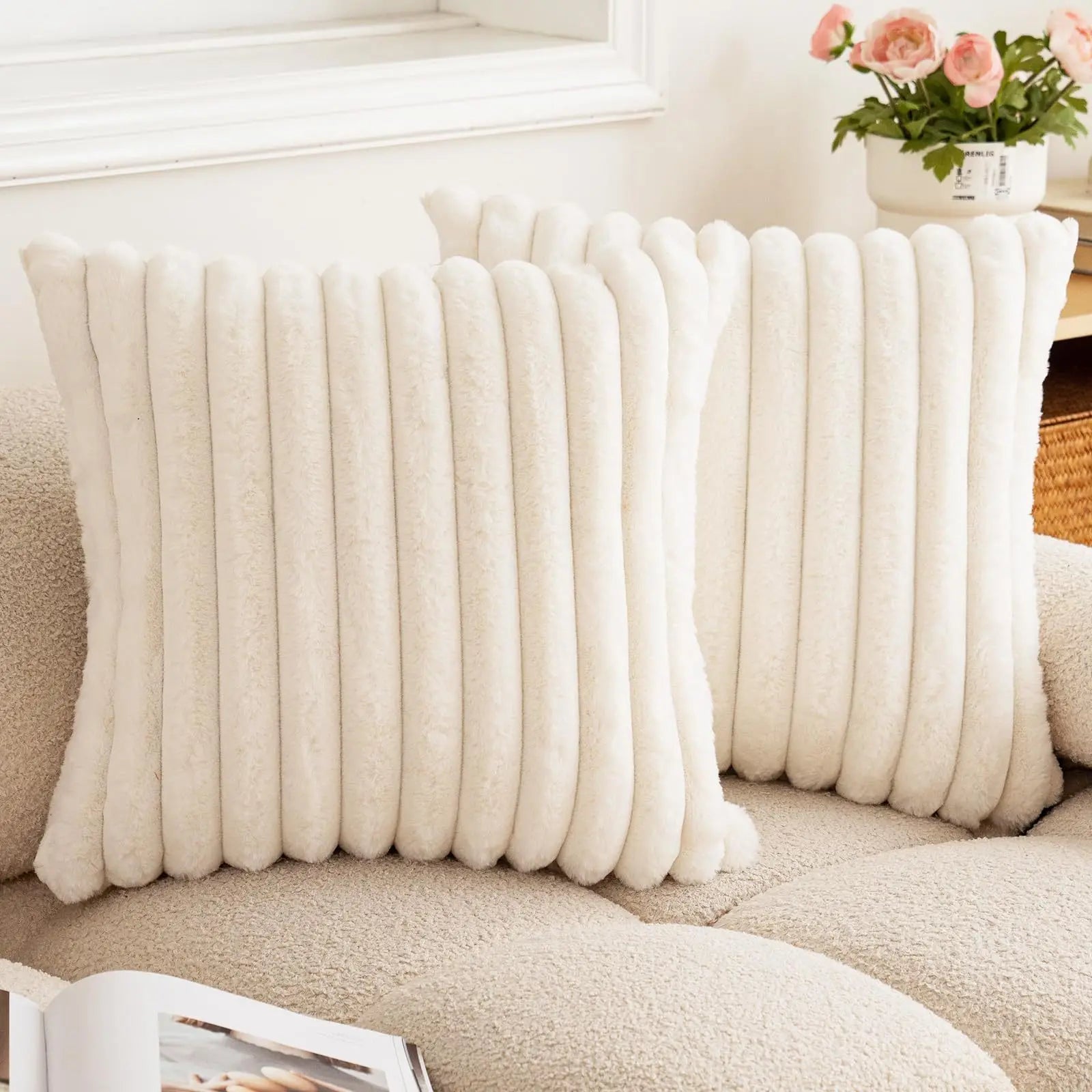 Faux Rabbit Fur Square Cushion Cover – Super Soft Striped Pillow Cover for Sofa