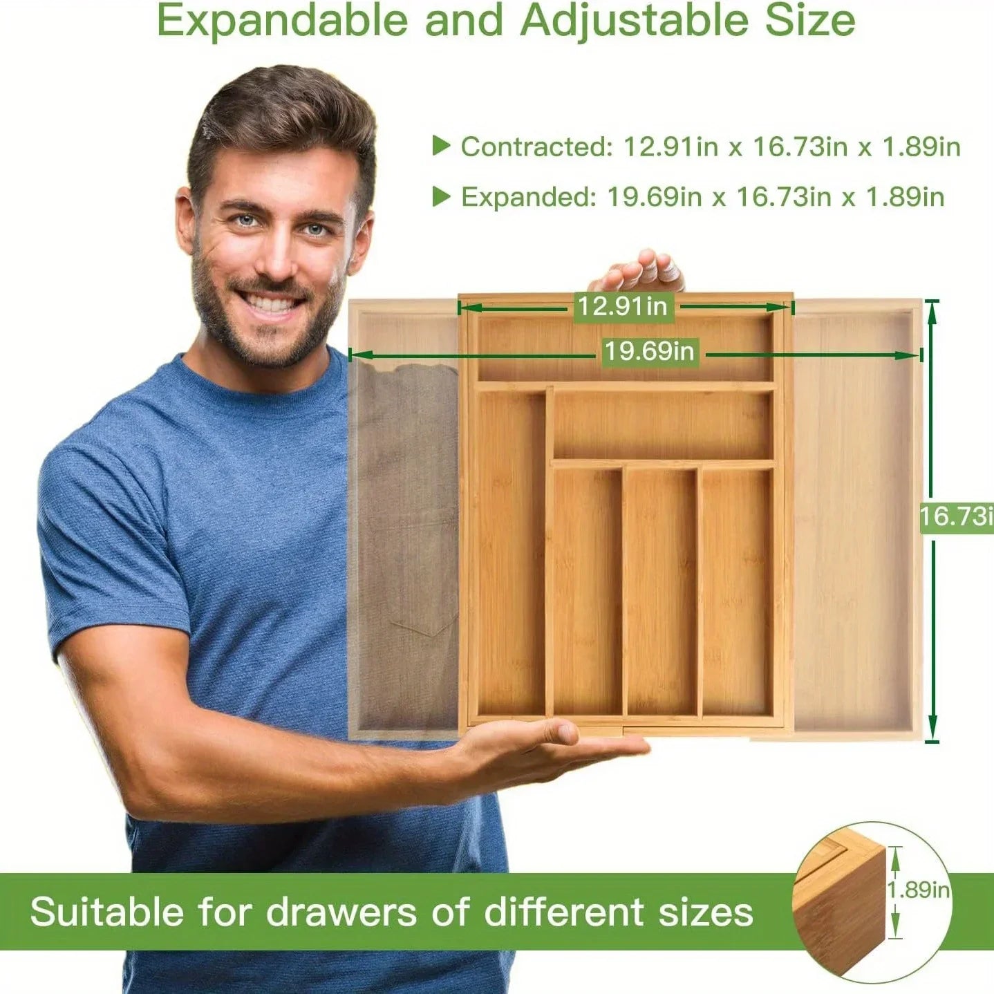 Adjustable Expandable Bamboo Drawer Organizer – Cutlery, Silverware & Knife Tray