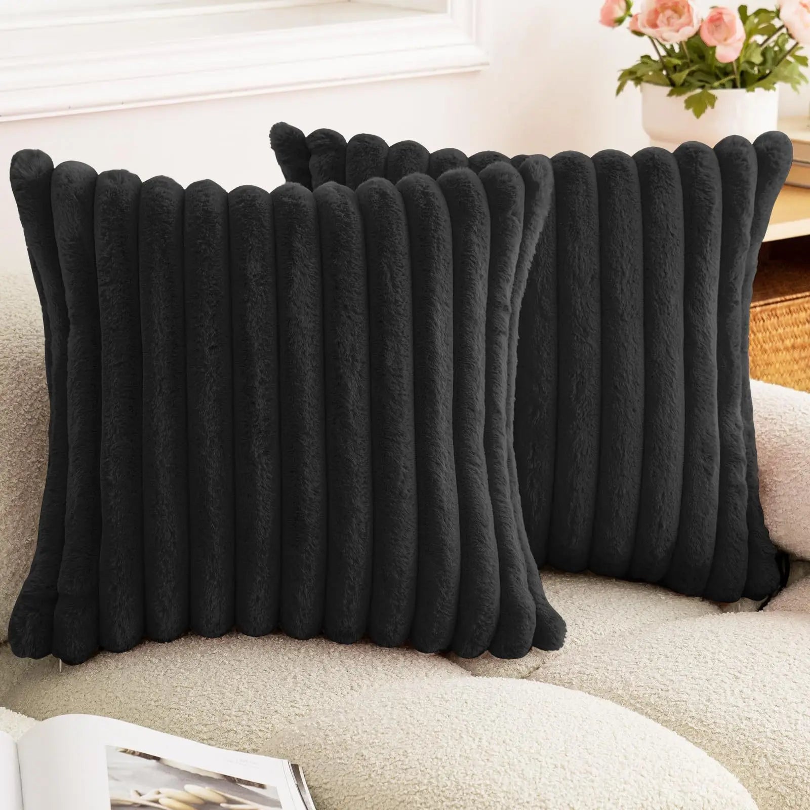 Faux Rabbit Fur Square Cushion Cover – Super Soft Striped Pillow Cover for Sofa