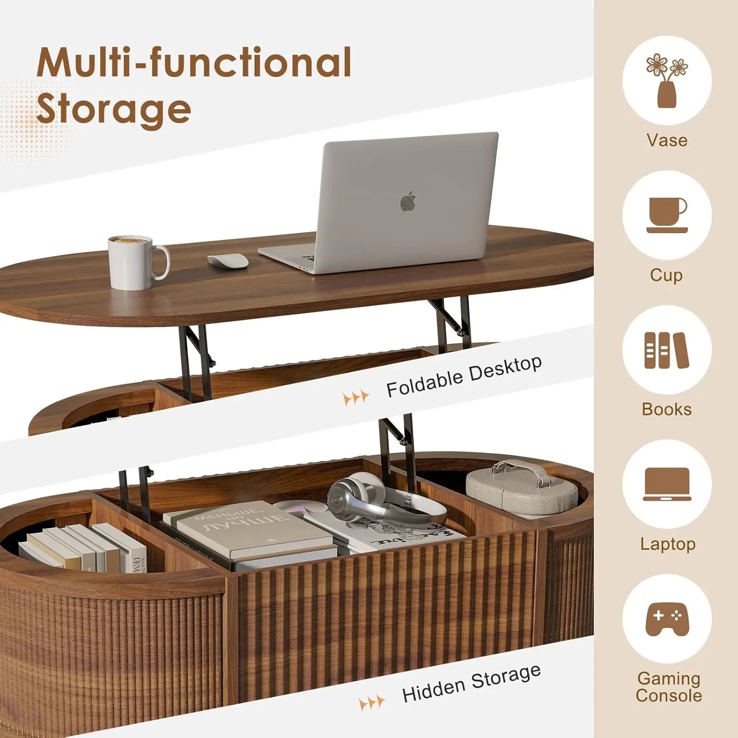 Fluted Lift Top Coffee Table with Storage – Modern Oval, Walnut