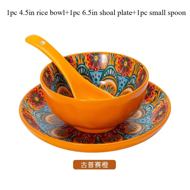 Bohemian Ceramic Rice Bowl with Handle – Soup, Noodle & Sauce Serving Bowl