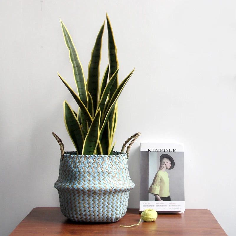 Boho Striped Wicker Storage Basket – Collapsible Laundry & Flower Pot Basket