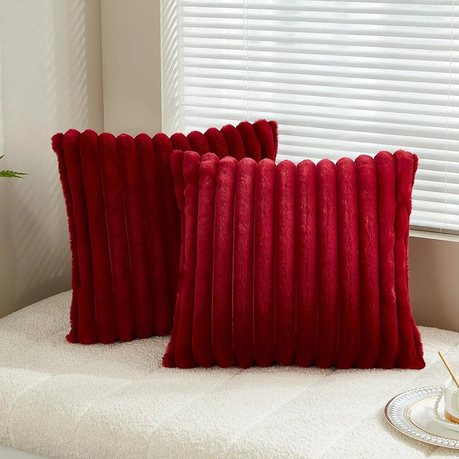 Faux Rabbit Fur Square Cushion Cover – Super Soft Striped Pillow Cover for Sofa