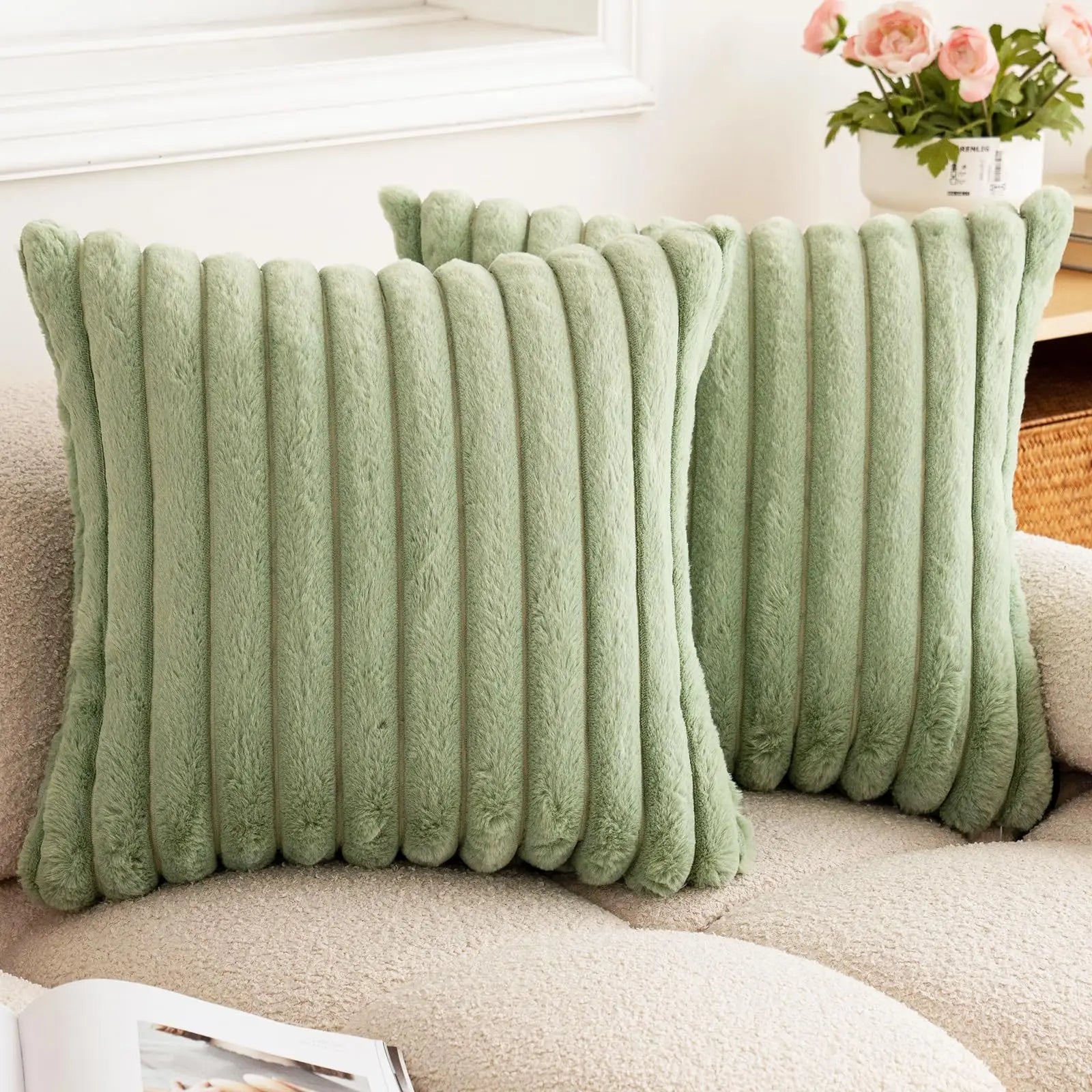 Faux Rabbit Fur Square Cushion Cover – Super Soft Striped Pillow Cover for Sofa