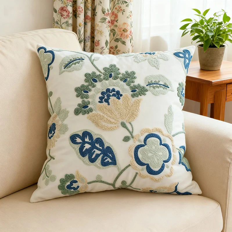 Embroidered Floral Pillow Cover – Nordic Style Cotton Mesh Cushion Cover