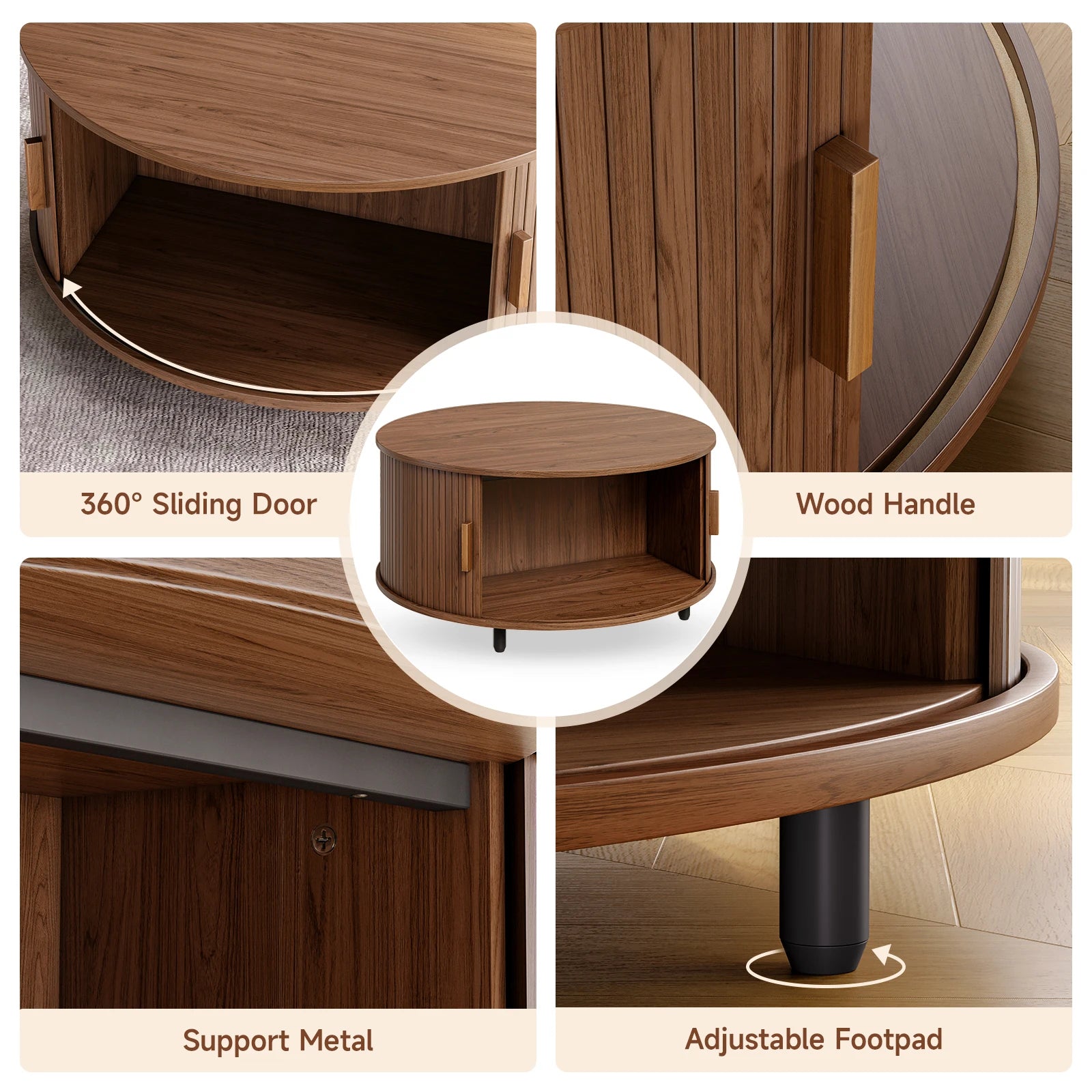 Round Coffee Table with Storage – 31.5" Fluted Wood, 360° Sliding Door