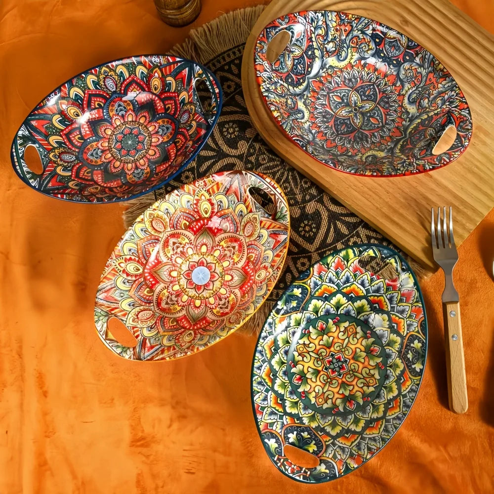 Bohemian Oval Ceramic Salad Bowl with Handle – Microwave Safe, Set of 2
