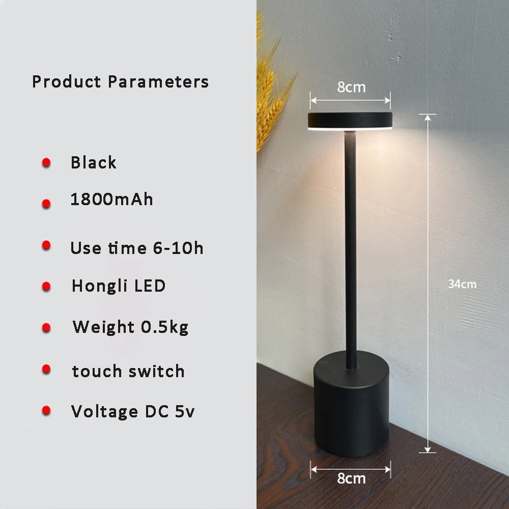 LED Table Lamp Hotel Wireless Rechargeable Desk Lamp Touch Switch Table Lamp Metal Retrolight for Bedroom Living Room Restaurant