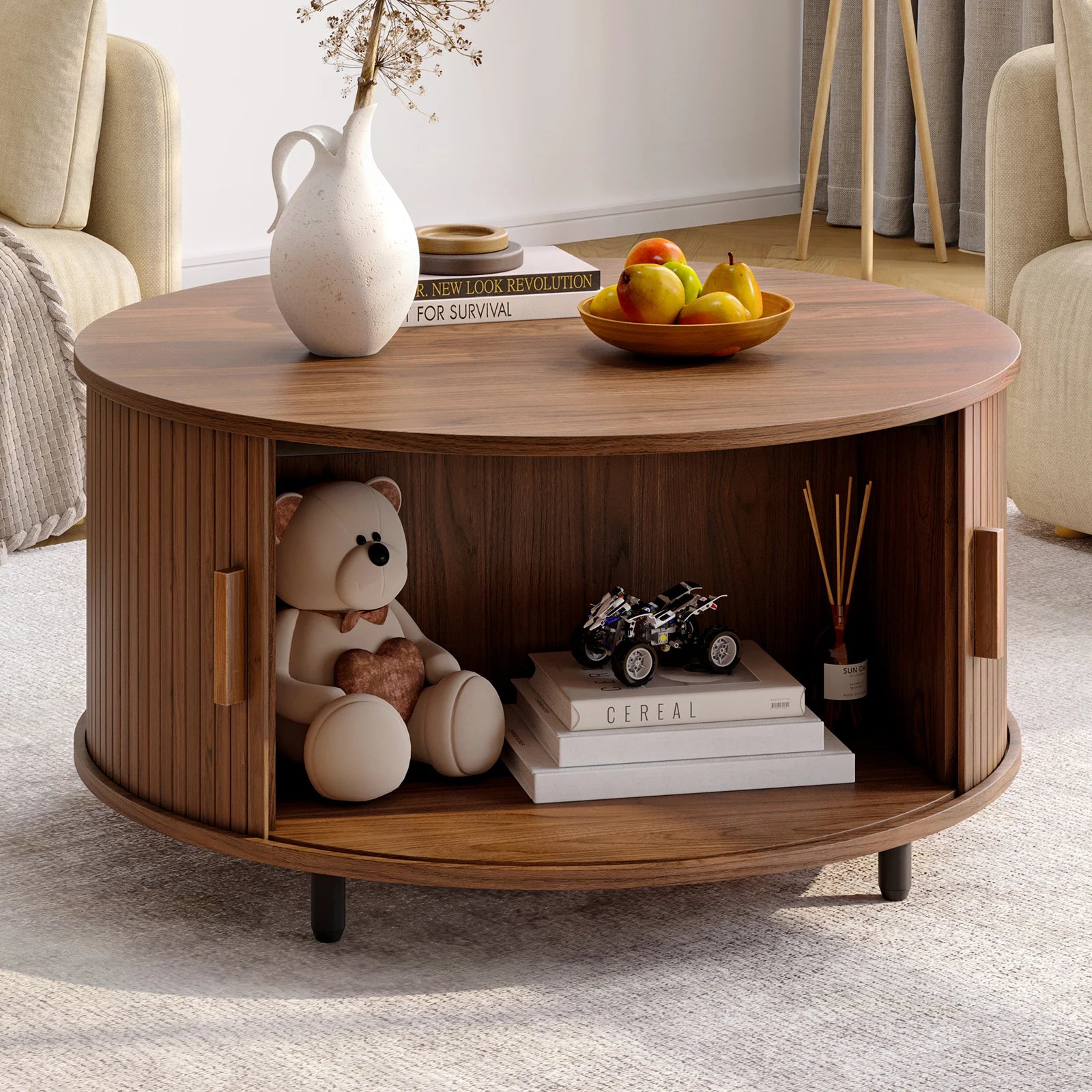 Round Coffee Table with Storage – 31.5" Fluted Wood, 360° Sliding Door