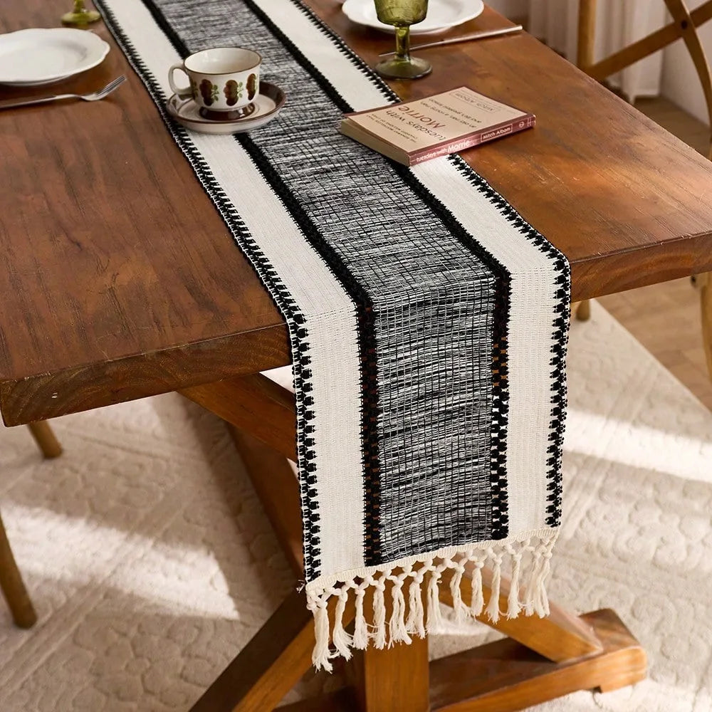 Nordic Boho Striped Table Runner – Hand-Woven with Tassels for Spring & Rustic Decor