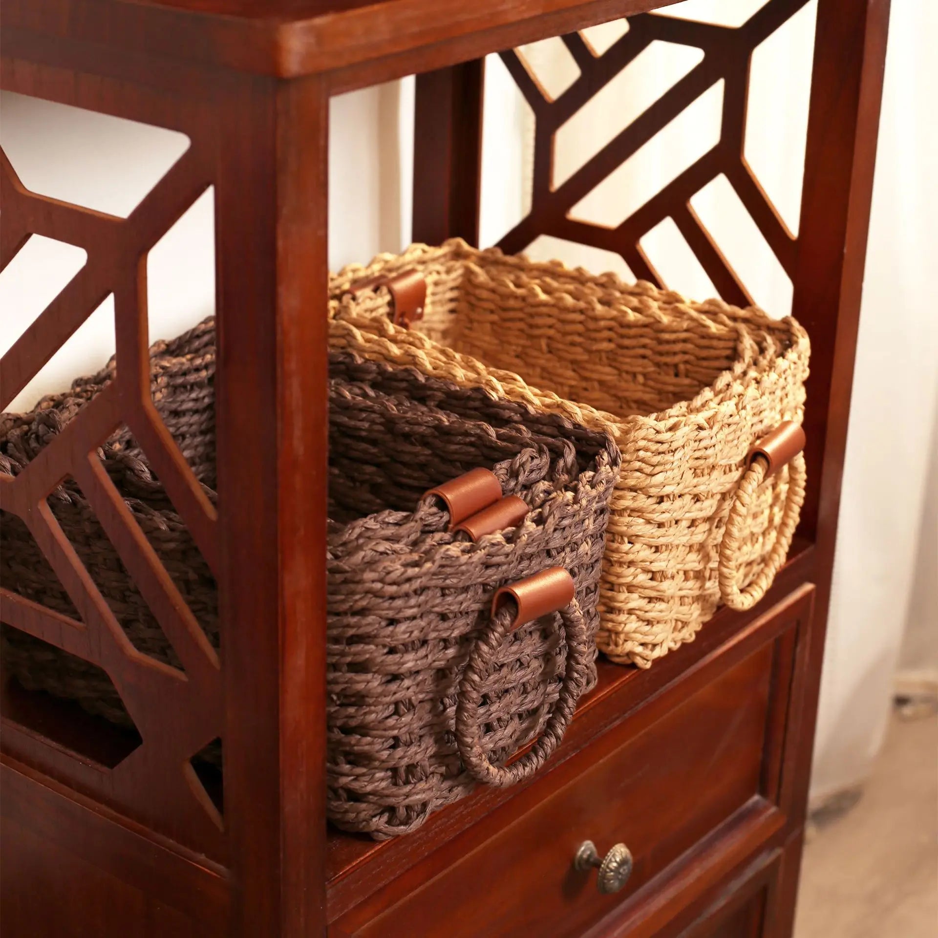 Woven Paper Rope Storage Baskets with Handles – Set of 3 Small Organizer Baskets