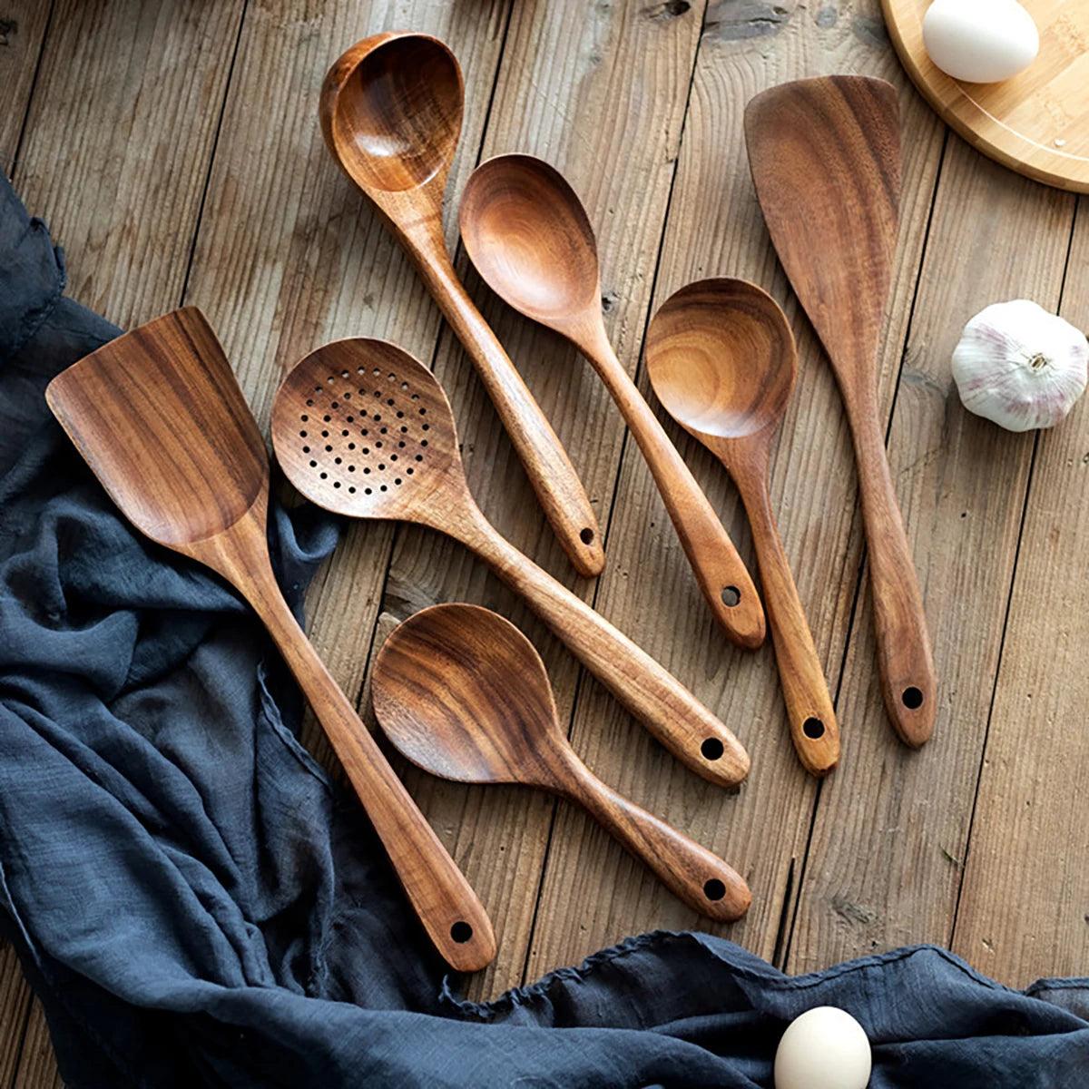 Wooden Kitchen Cooking Utensil Set – Spatula, Spoon, Fork & Storage Bucket