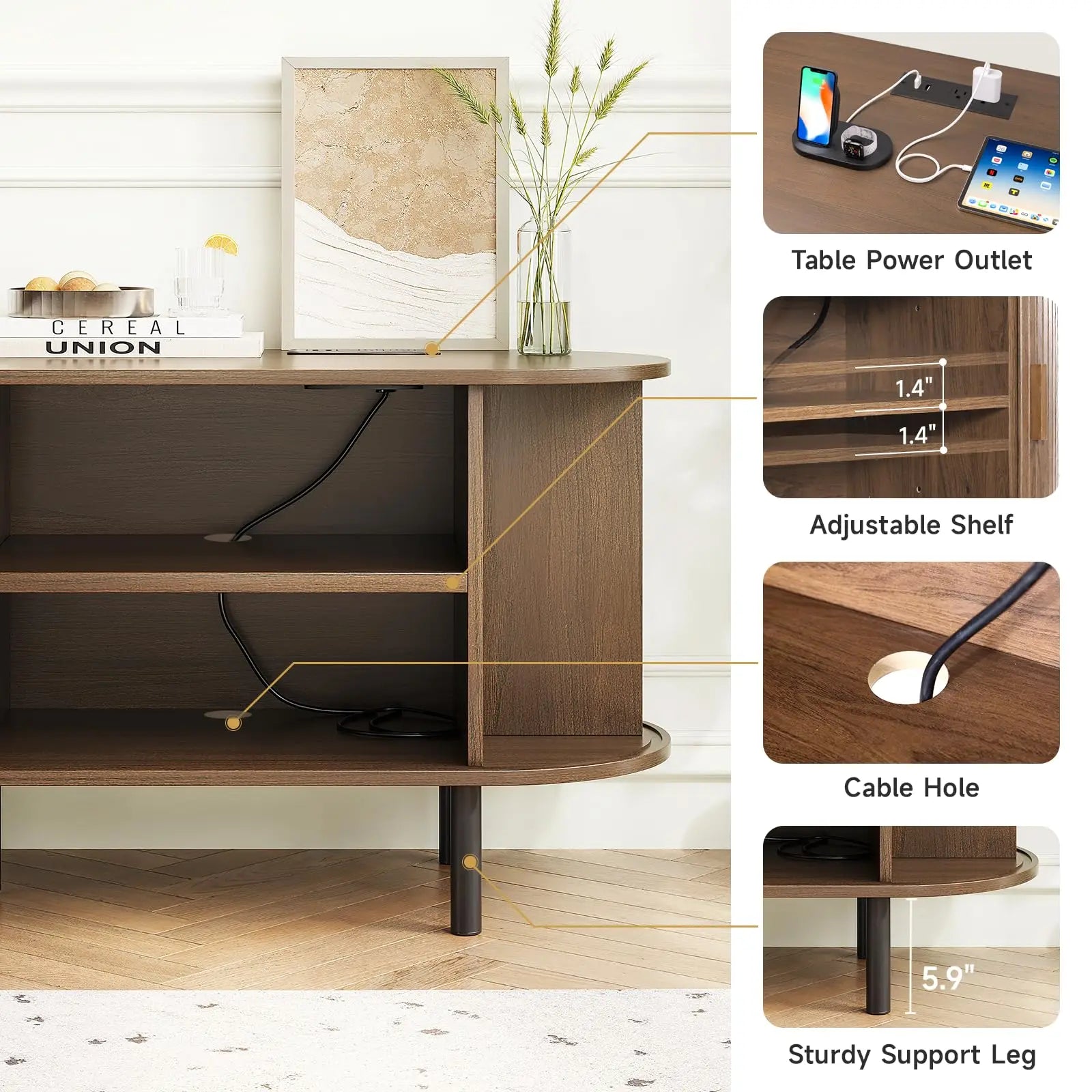 Modern TV Stand with Power Outlet – Sliding Doors, Storage & Adjustable Shelves for 60"/70" TVs