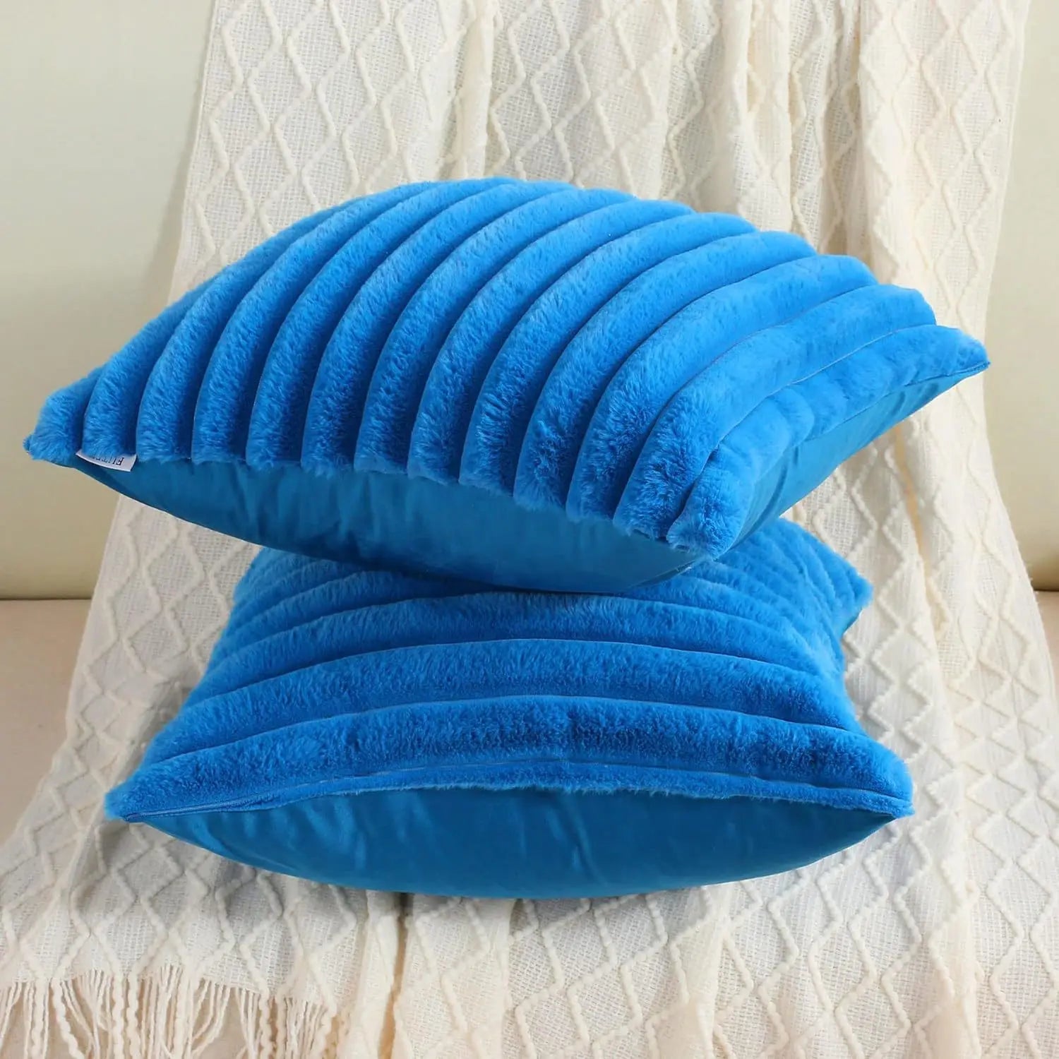 Faux Rabbit Fur Square Cushion Cover – Super Soft Striped Pillow Cover for Sofa