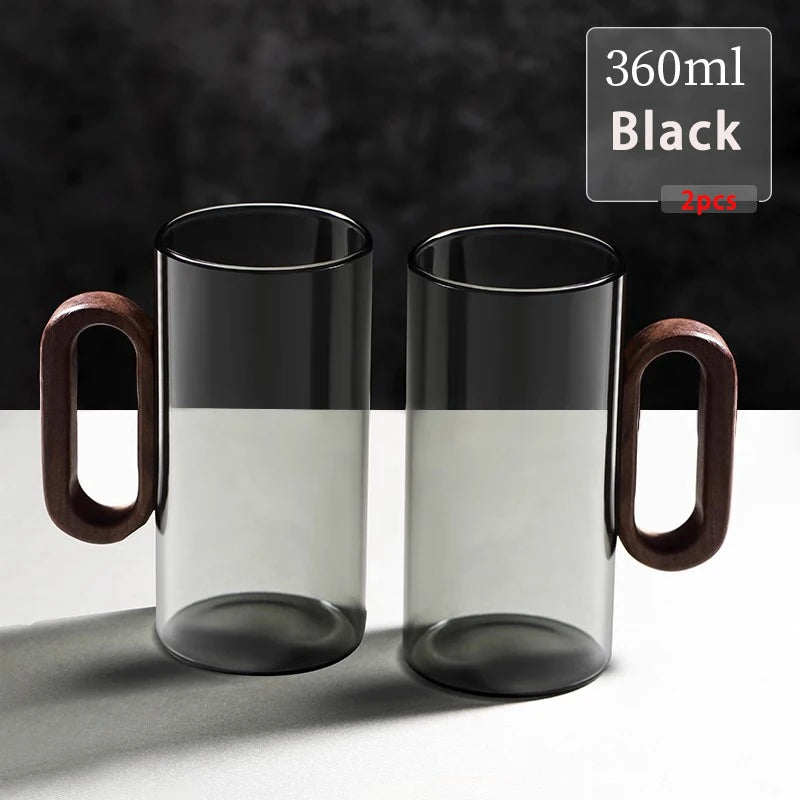 Glass Mug with Walnut Wooden Handle – 360ml Heat-Resistant Borosilicate Teacup