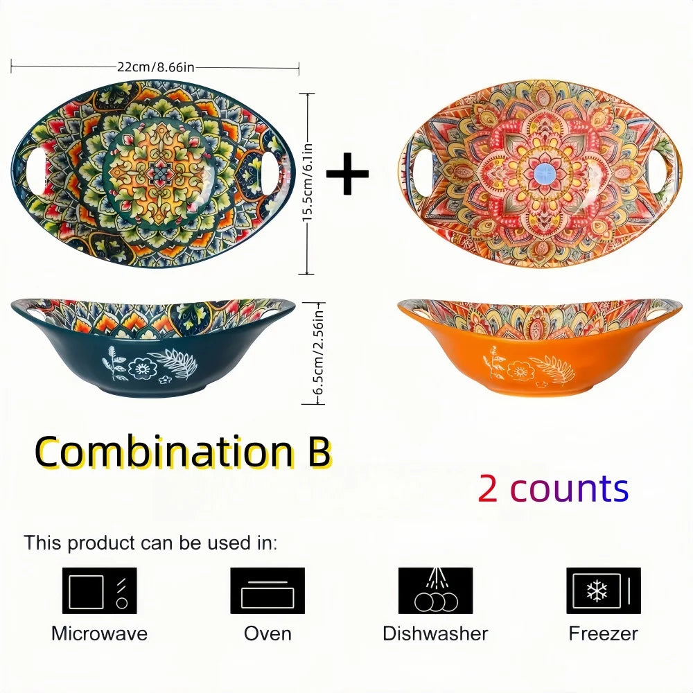 Bohemian Oval Ceramic Salad Bowl with Handle – Microwave Safe, Set of 2