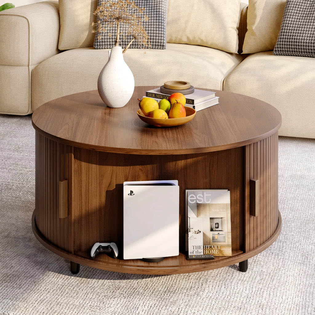 Round Coffee Table with Storage – 31.5" Fluted Wood, 360° Sliding Door