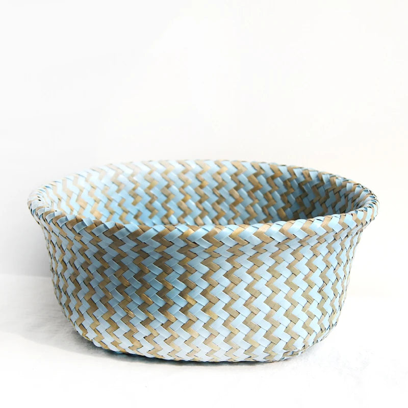 Boho Striped Wicker Storage Basket – Collapsible Laundry & Flower Pot Basket