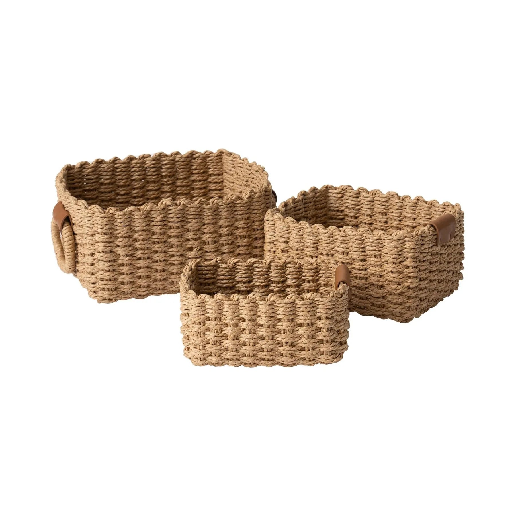 Woven Paper Rope Storage Baskets with Handles – Set of 3 Small Organizer Baskets