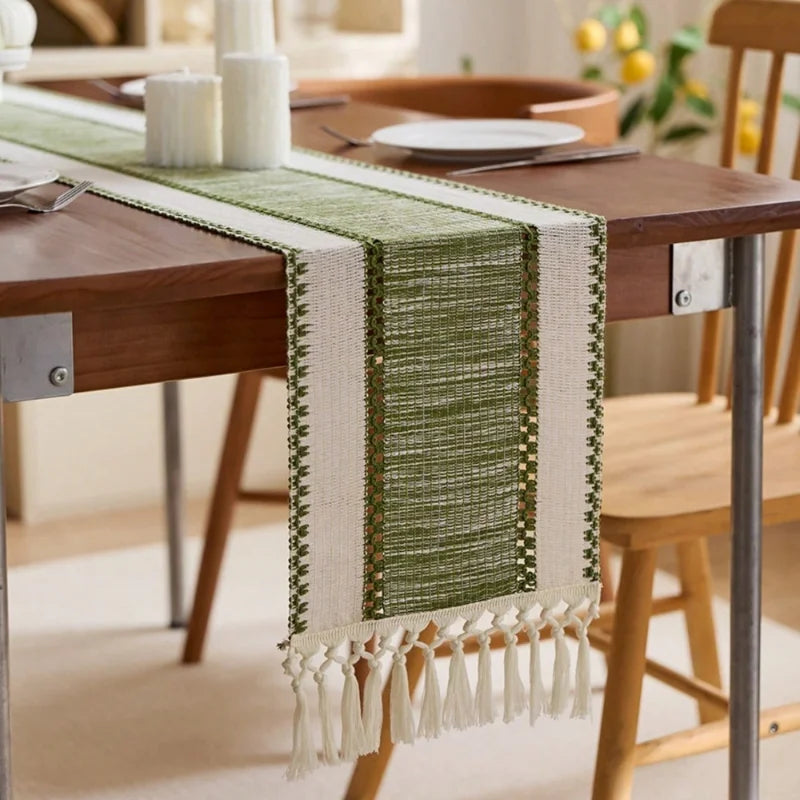 Nordic Boho Striped Table Runner – Hand-Woven with Tassels for Spring & Rustic Decor